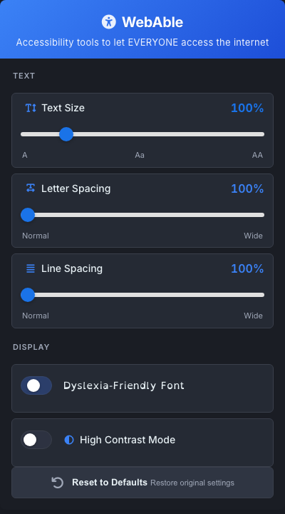 The WebAble popup showing sliders for text size, letter spacing and line spacing, plus toggles for a dyslexia-friendly font and high contrast mode.